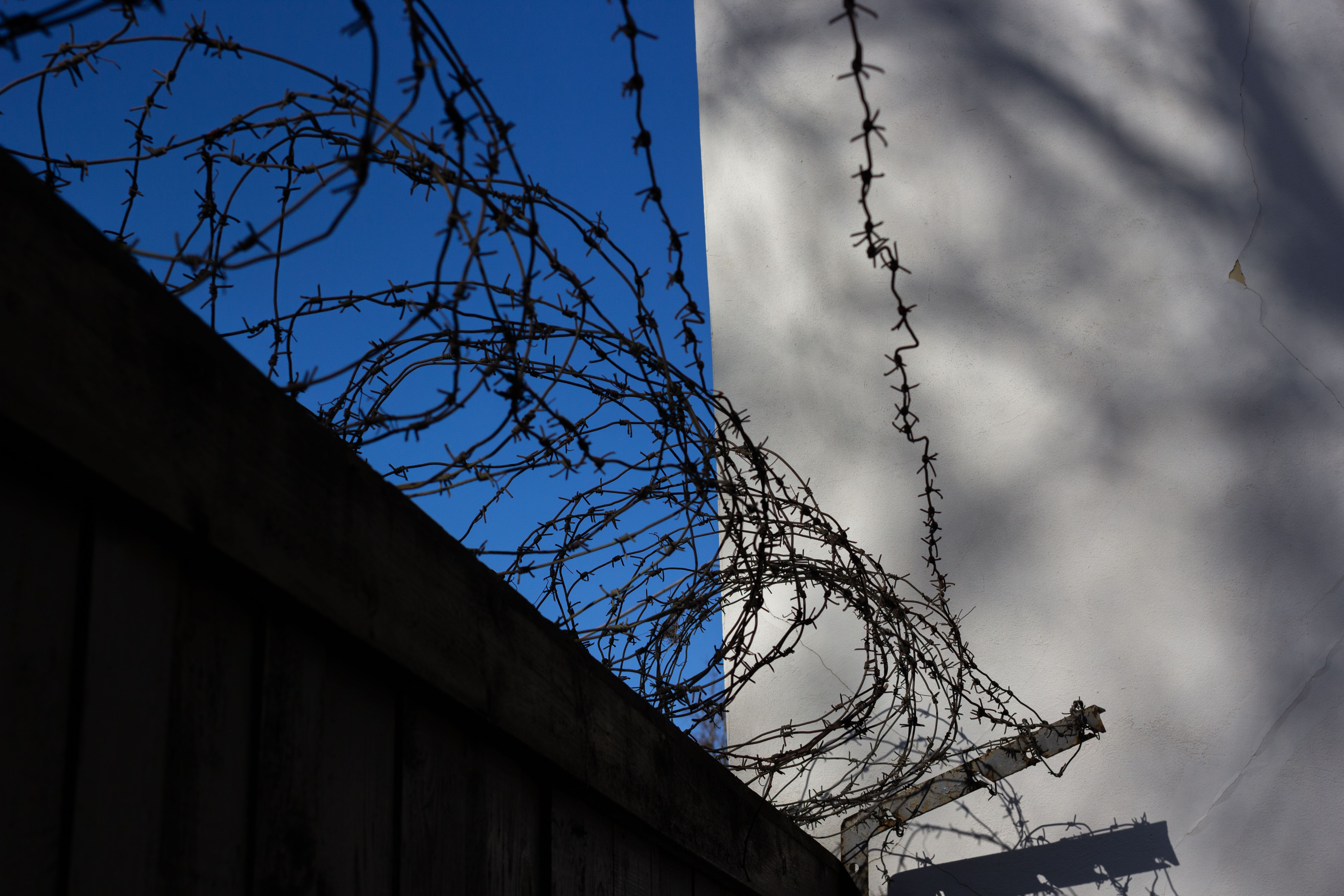 Barbed wire atop a concrete fence casting shadows, symbolizing security and restriction.
