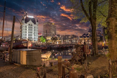 Buildings and Canal in Roterdam, Netherlands in Evening