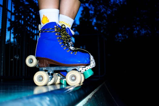 Dynamic close-up of vibrant blue roller skates on a ramp at an Athens skatepark.