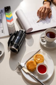 A cozy breakfast setup with cupcakes, tea, and a video camera on a table.