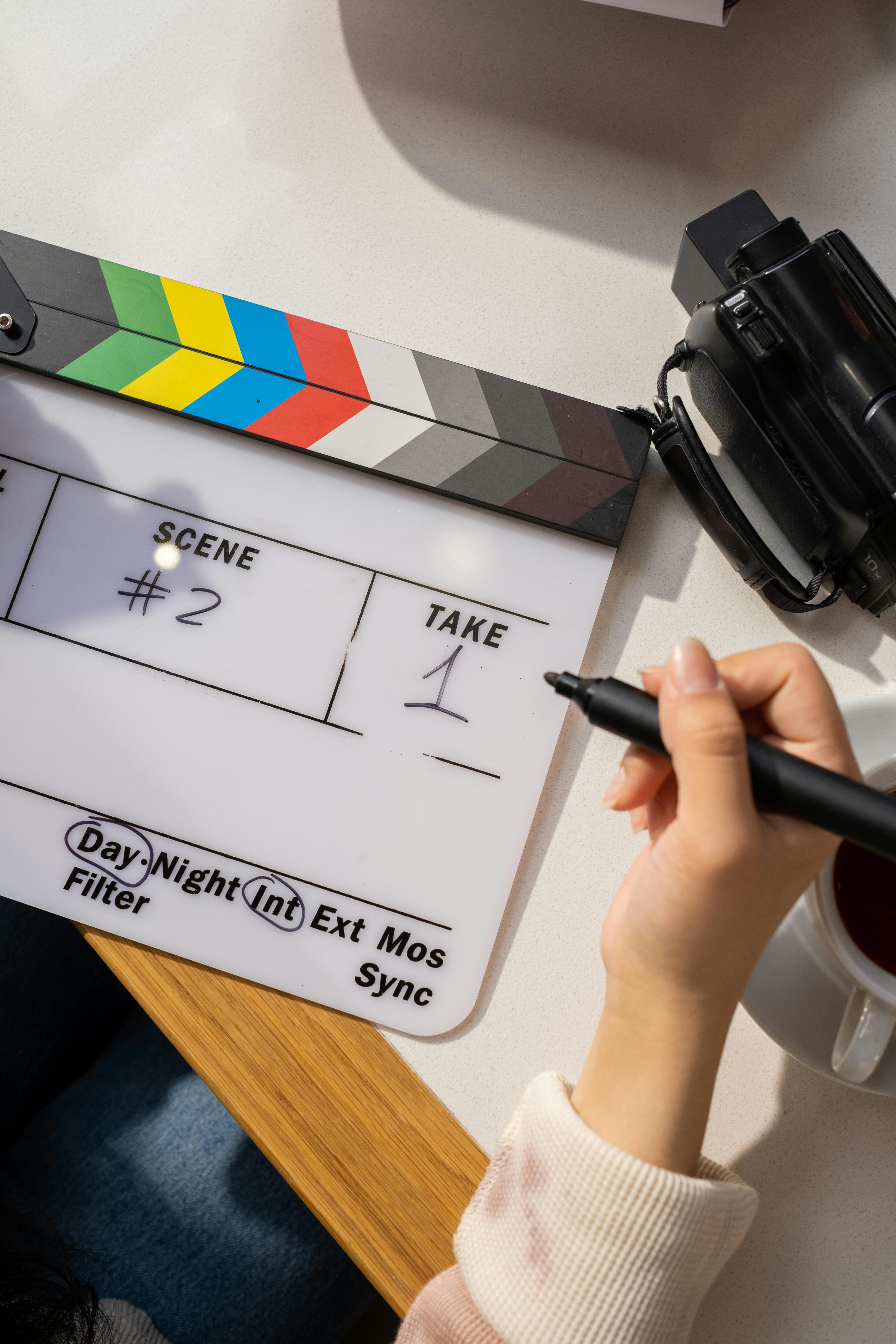 woman writing on clapperboard