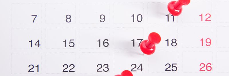 Close-up of a calendar with red push pins marking important dates, emphasizing deadlines.