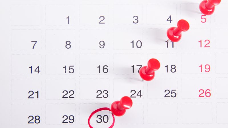 Close-up of a calendar with red push pins marking important dates, emphasizing deadlines.