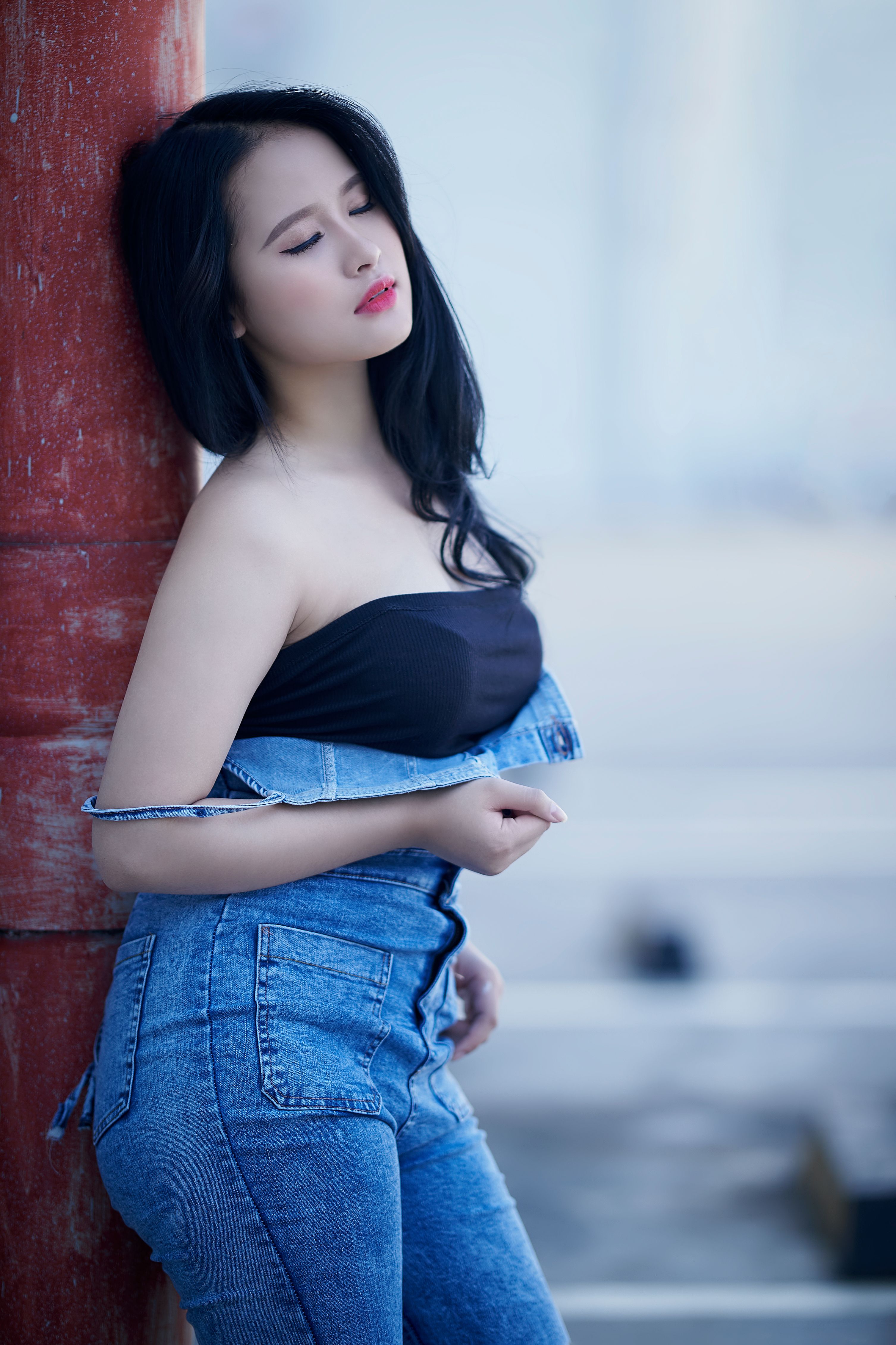 Woman Wearing Denim Overall