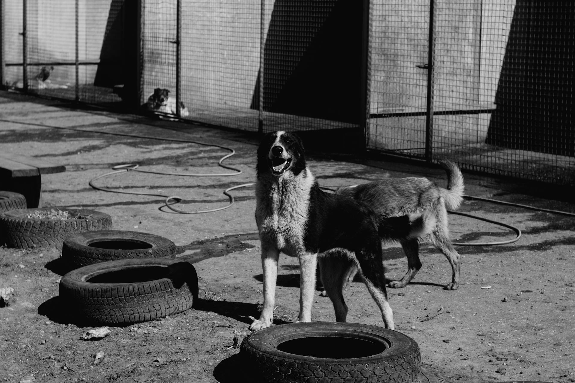 Grayscale Photograph of a Dog Near Tires