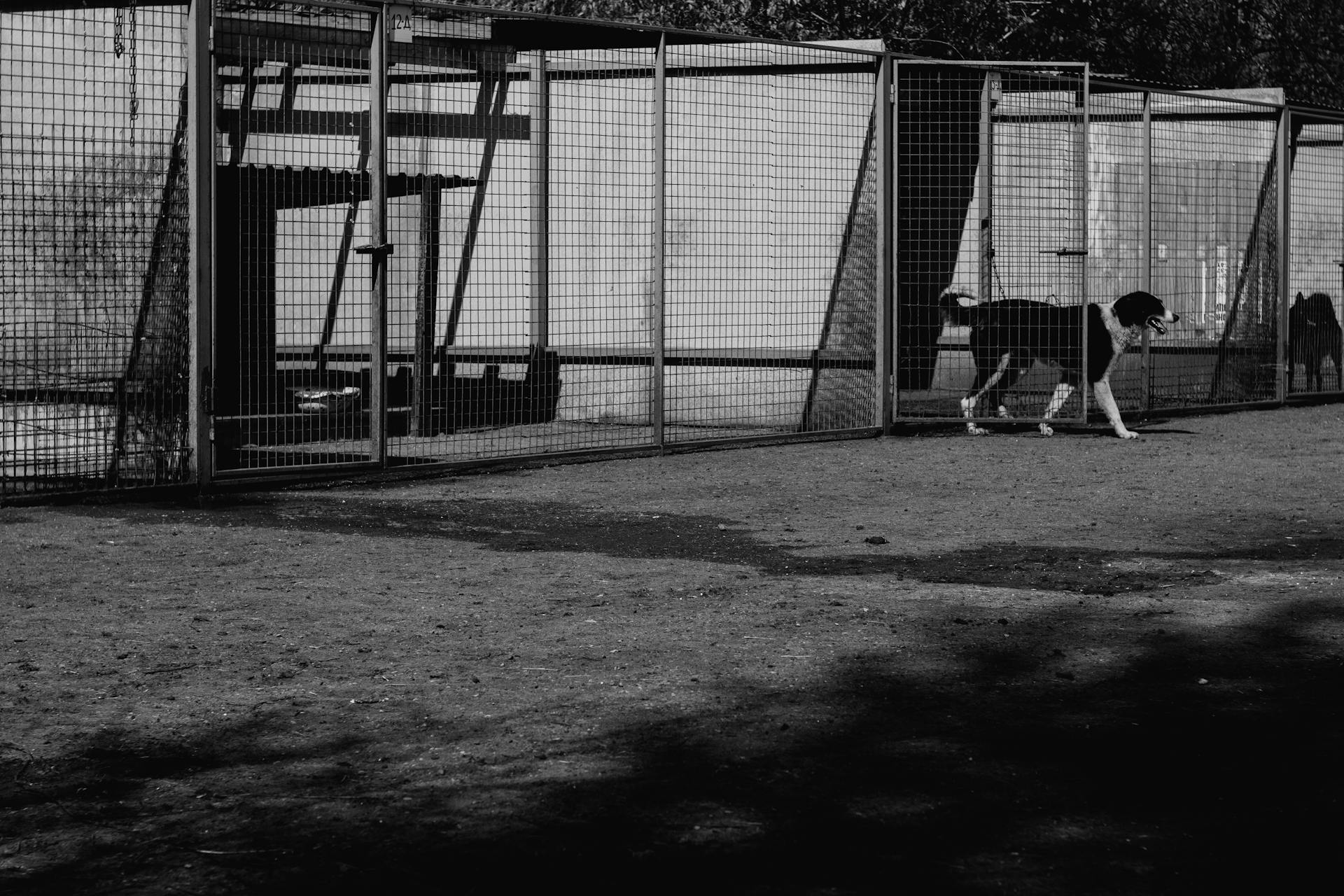 Grayscale Photo of a Dog Getting Out of a Cage