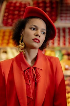 Stylish woman in red attire and beret, featuring dragon earring, exudes fashion and elegance.