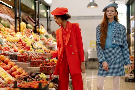 Two stylish women in vibrant outfits explore a diverse fruit market indoors.