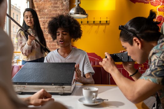 A diverse group filming an engaging scene inside a trendy cafe.