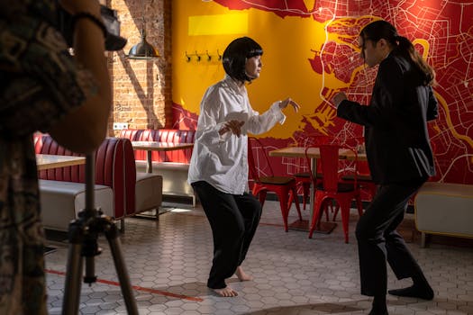 Actors rehearsing a scene in a colorful café during a film shoot. Engaging choreography and vibrant background.
