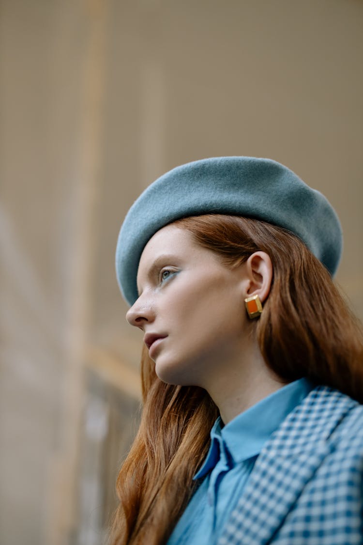 Woman Wearing A Blue Beret Hat