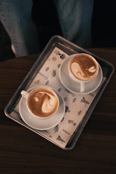 Two cups of latte with artistic foam patterns on a tray in a cozy cafe setting.