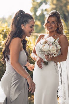 A smiling bride holding a bouquet with her bridesmaid at an outdoor wedding.