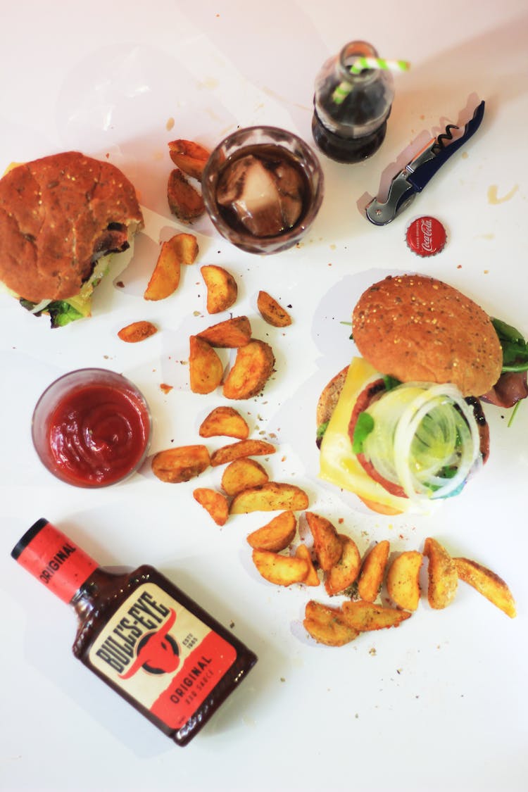 Overhead Shot Of Burgers And Fries