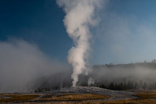 Free A geyser eruption releasing steam and mist in Yellowstone National Park, USA. Stock Photo