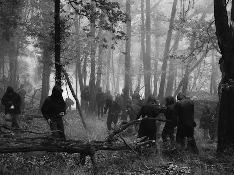 Black and white photo of hooded figures moving through a misty Chiomonte forest.