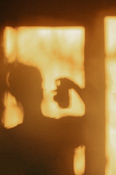 Artistic silhouette of a person at sunrise, casting dramatic shadows on a wall.