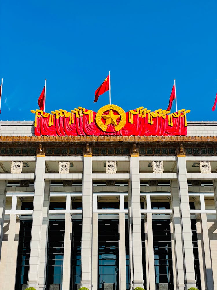 National Museum Of China With Flags On Top