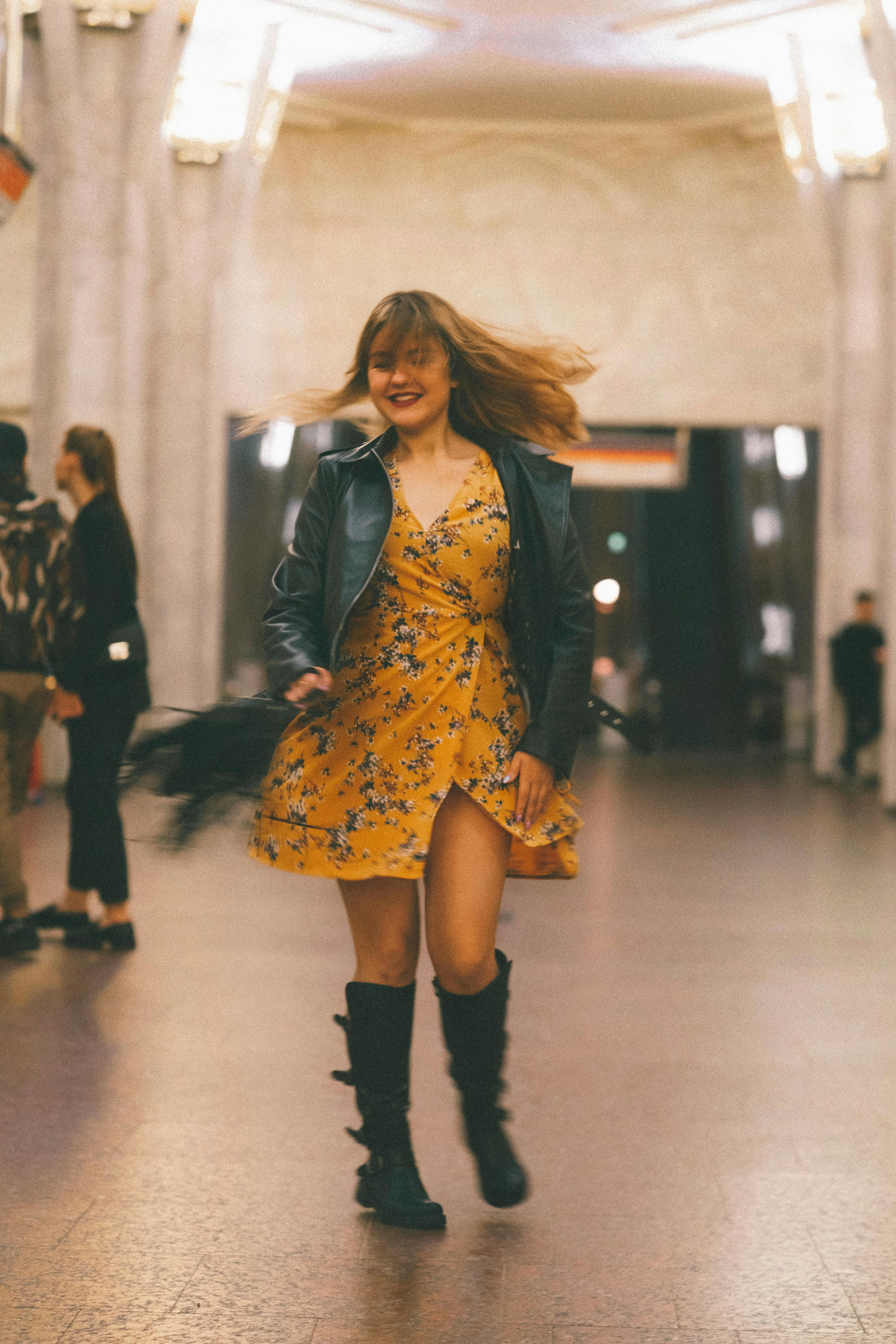 Yellow dress black on sale boots