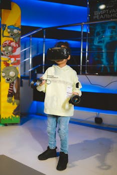A child experiencing immersive virtual reality gaming indoors with VR headset and controllers.