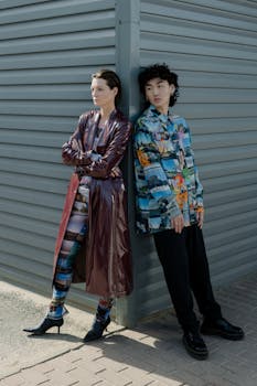 Two trendy models showcasing contemporary outfits against an industrial corrugated wall.