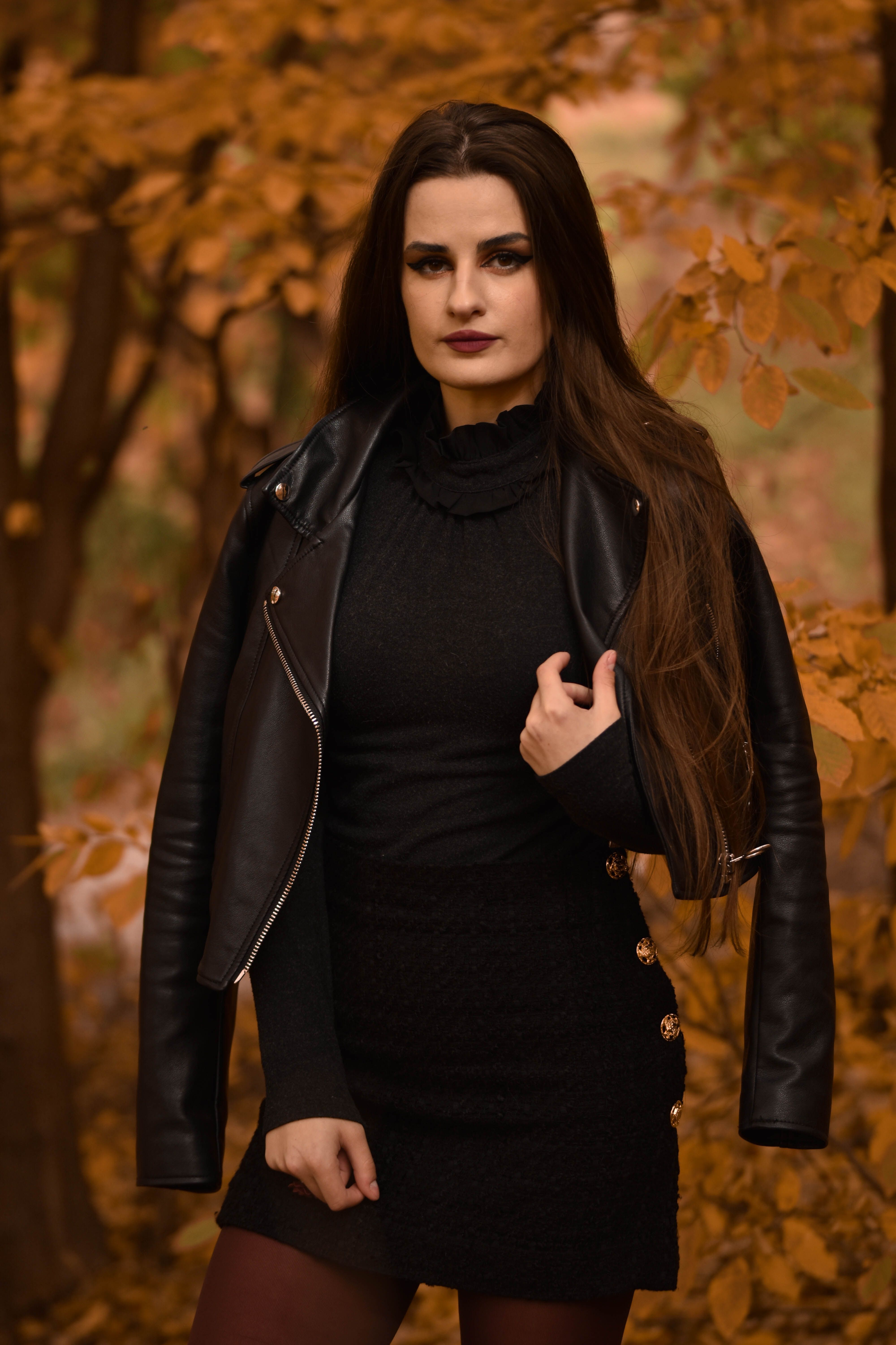 A Woman in Black Long Sleeve Dress and Black Leather Jacket  Free Stock  Photo