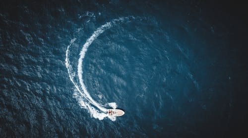 An Aerial Photography of a Motorboat Swerving on the Ocean