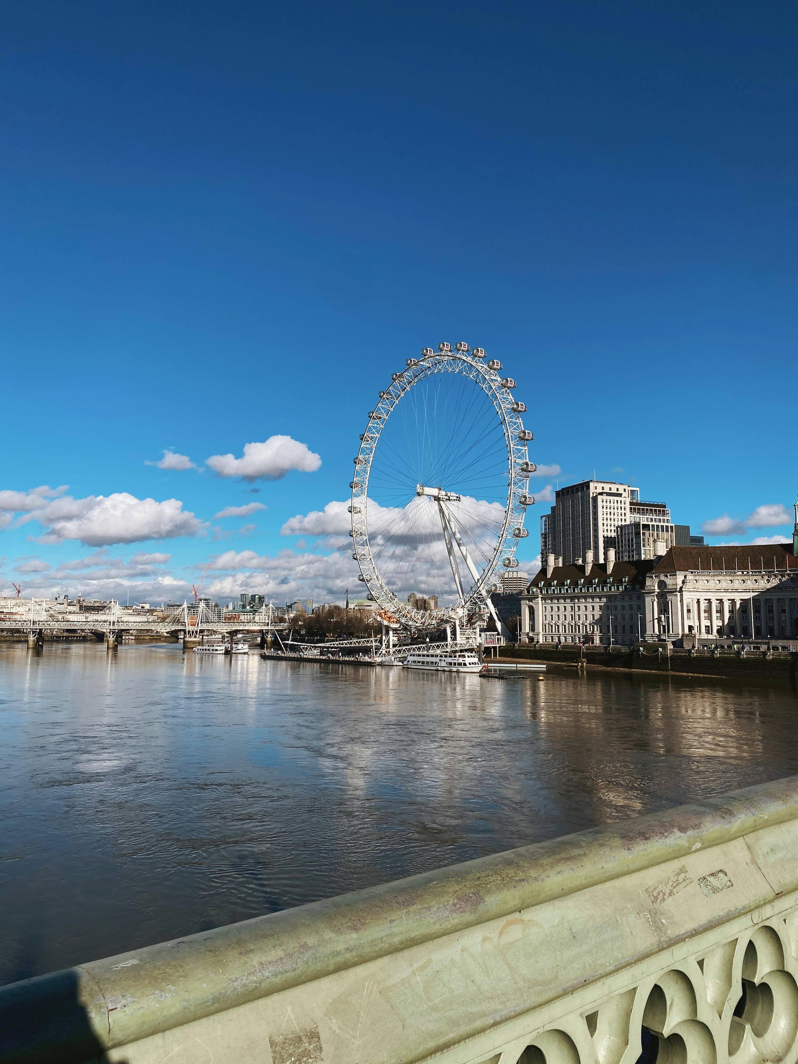 Stunning view of the London Eye overlooking the River Thames on a sunny day.