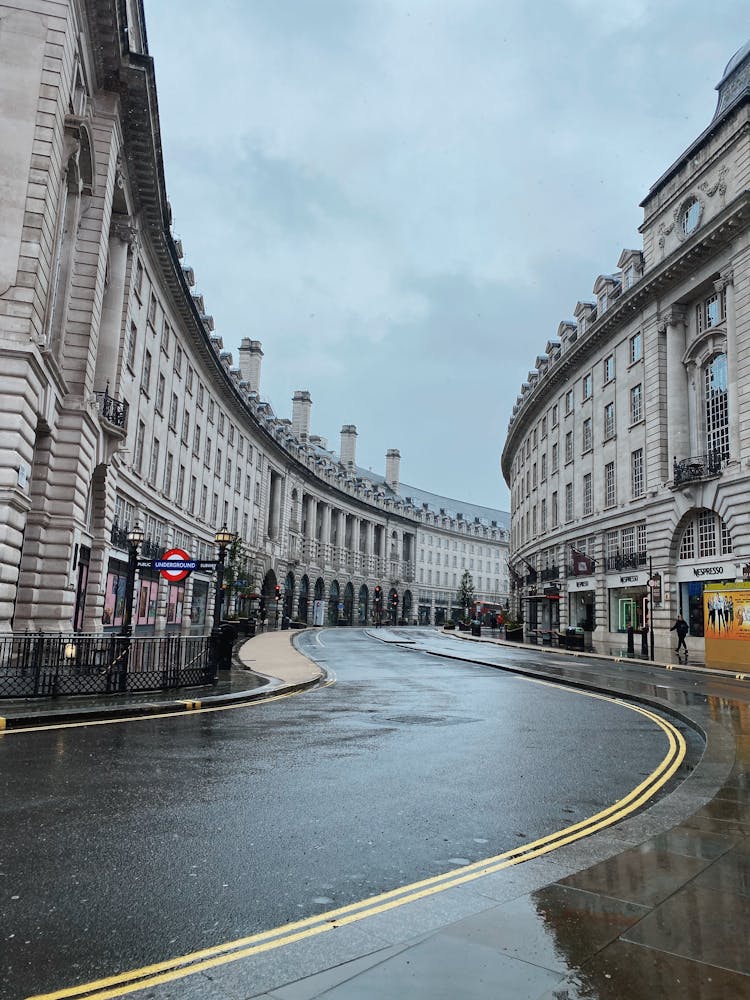 Empty Road In City With Historic Old Buildings 