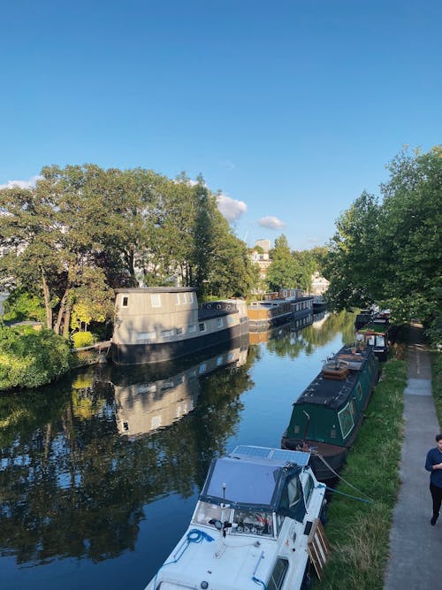 Free Watercrafts Docked On Both Sides of a Canal Stock Photo