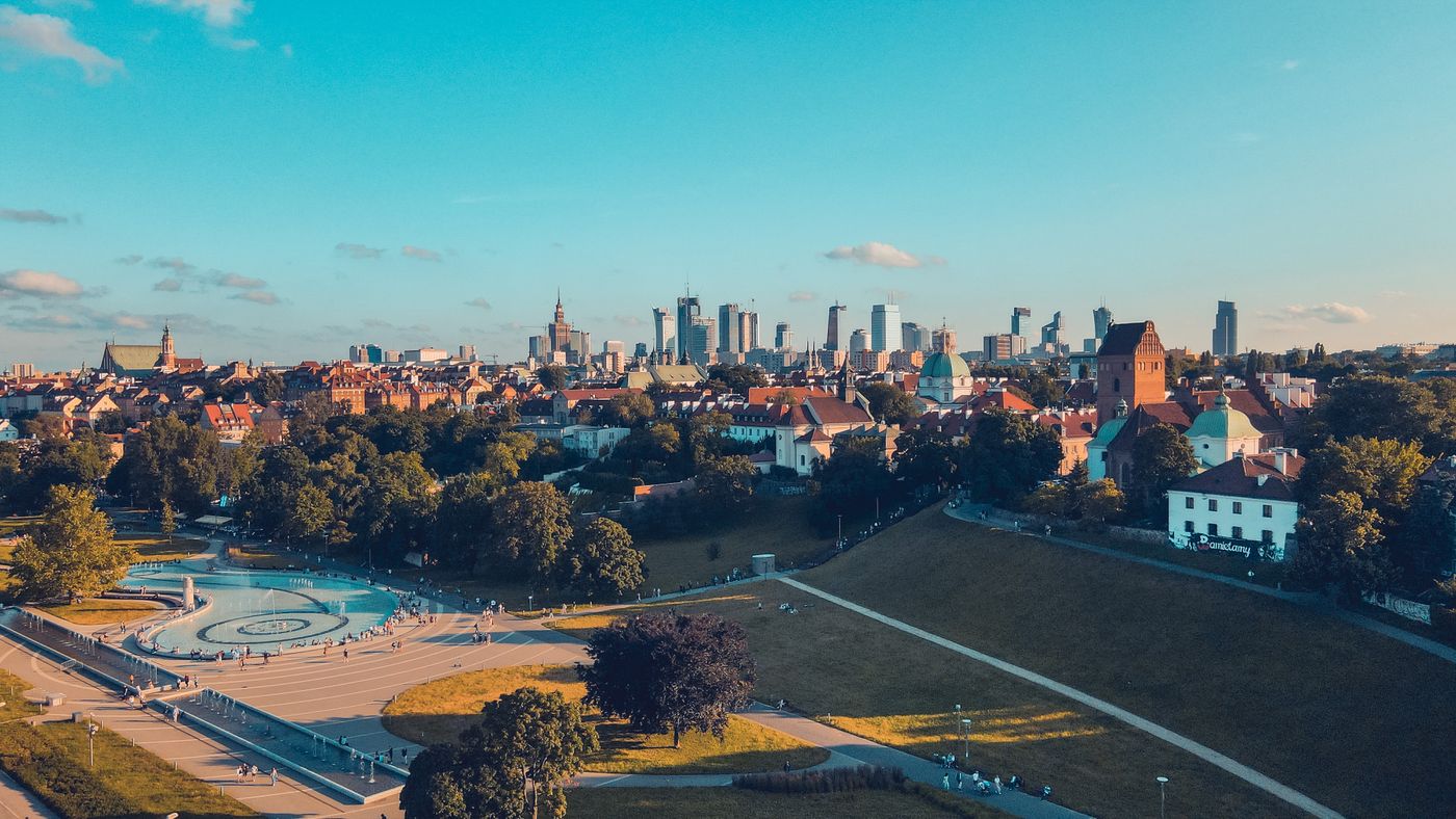 Aerial view of Warsaw Poland where many corporate English teaching jobs are based