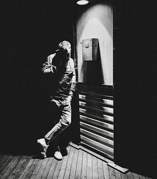 Silhouette of a man making a phone call at a payphone under a spotlight during nighttime.