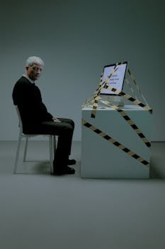 Senior adult man sitting in office setting depicting unemployment and frustration.