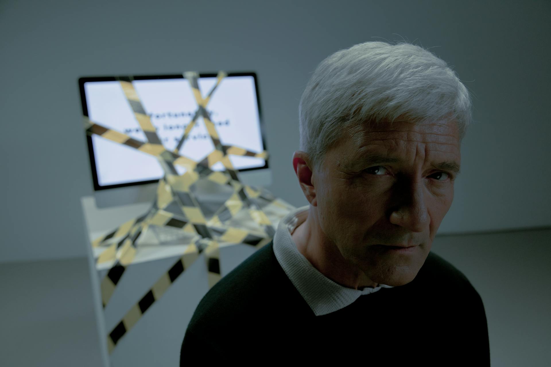 A senior man looks concerned, standing near a computer covered in caution tape, symbolizing job uncertainty.