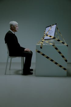 Senior man sitting in front of a computer wrapped with caution tape, symbolizing unemployment and ageism.
