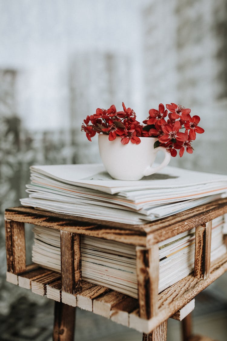 Red Flowers In Cup On Shelf