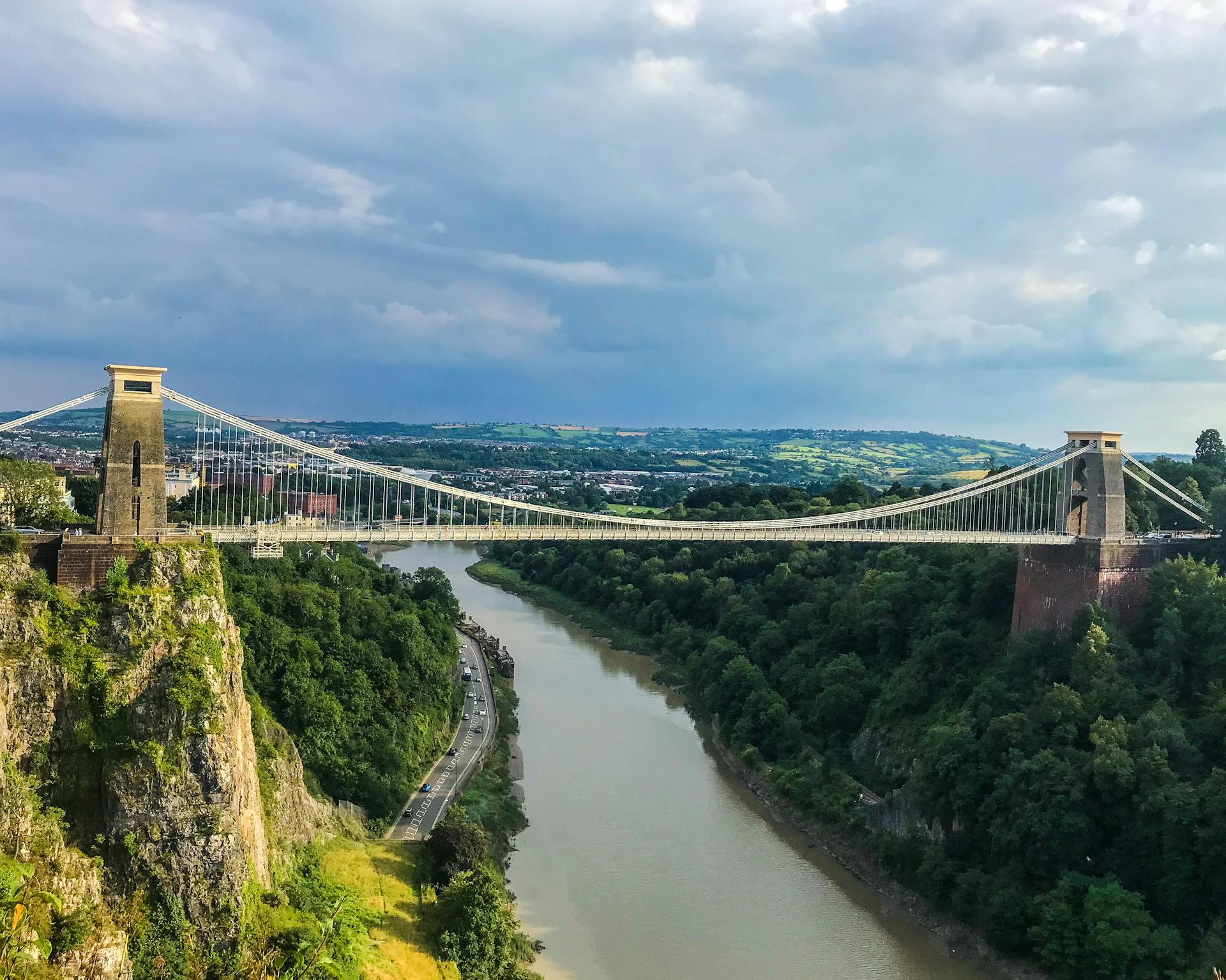 Aerial view of Clifton Suspension Bridge spanning the scenic Avon Gorge in Bristol, England.