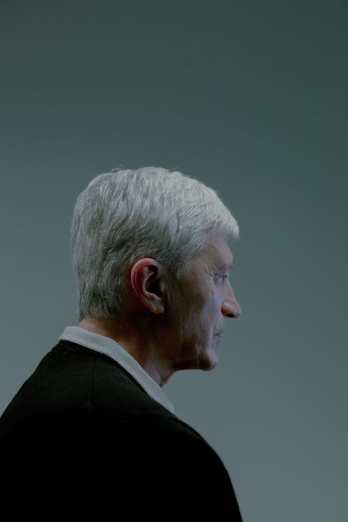 Studio portrait of man with gray hair