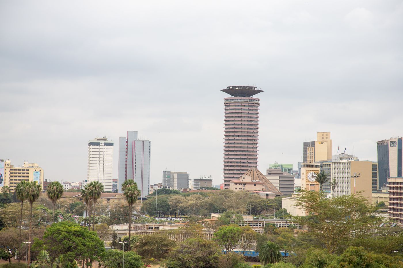 The cylindrical KICC tower among the Nairobi skyline