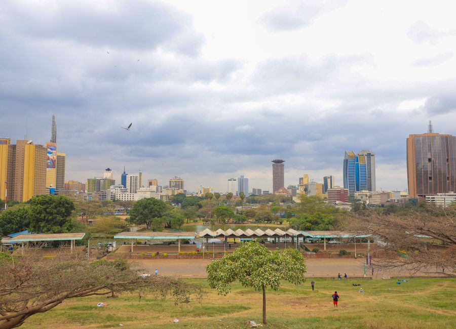 Panoramic view of Nairobi's skyline from Uhuru Park, showcasing urban architecture.