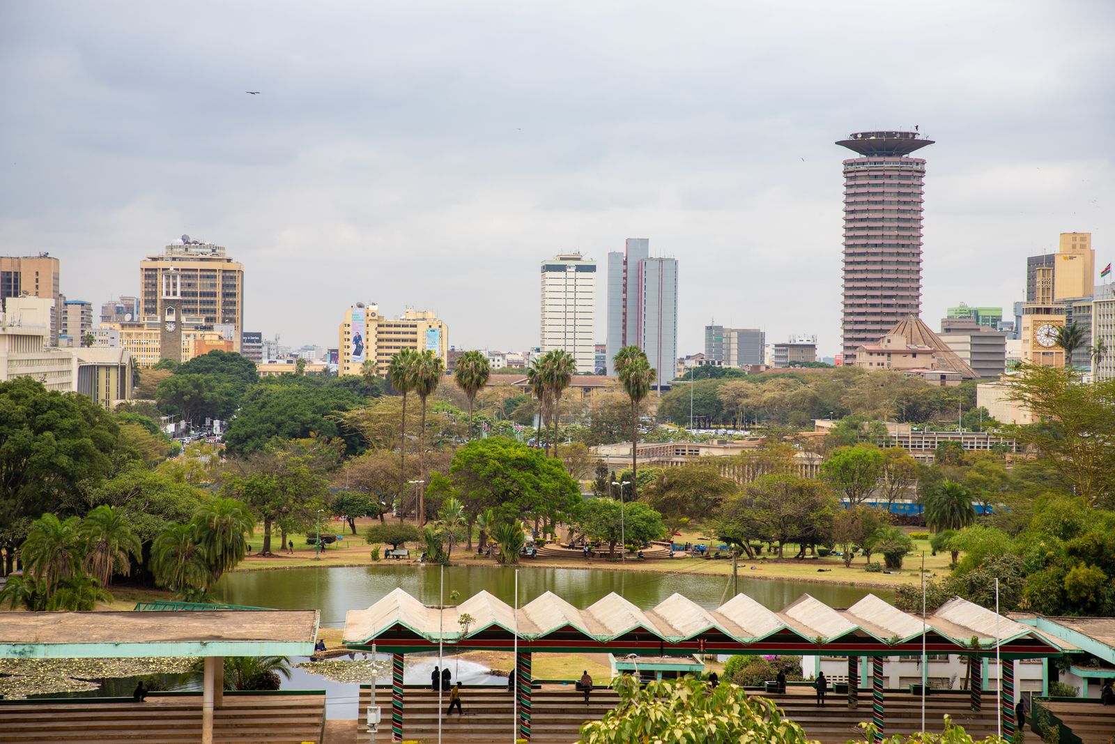 KICC tower above Uhuru Park and Nairobi city skyline