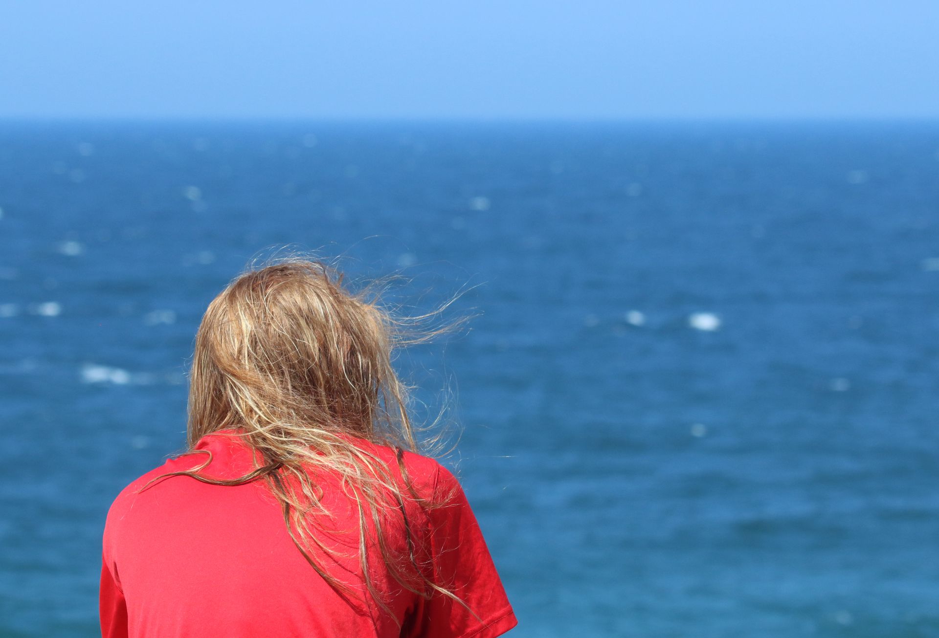 A person with blonde hair in a red shirt gazing at the endless ocean horizon under clear daylight.