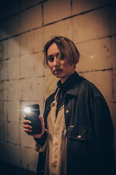 Young woman in dark setting holding smartphone with flashlight on, evoking mystery.