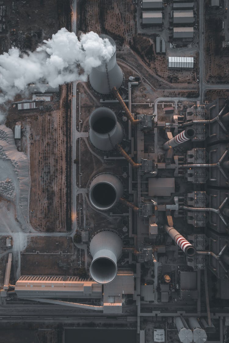 High Chimneys And Buildings Of Central Heating Plant From Above