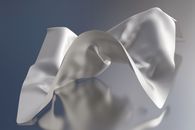 A smooth, flowing white fabric render with abstract art style on a gradient background.