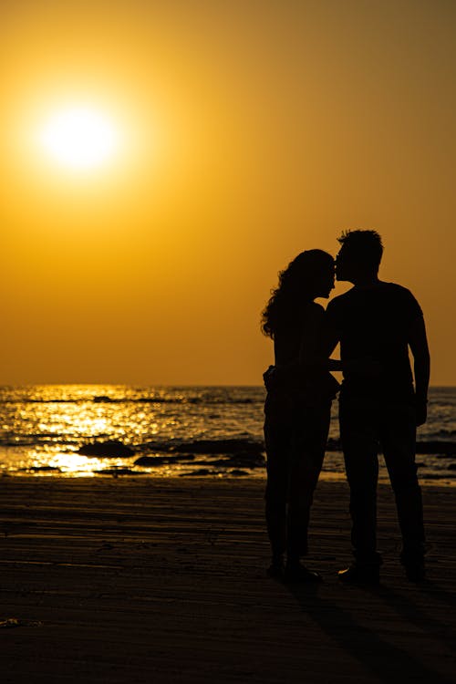 Silhouette of a Couple Standing on Beach 