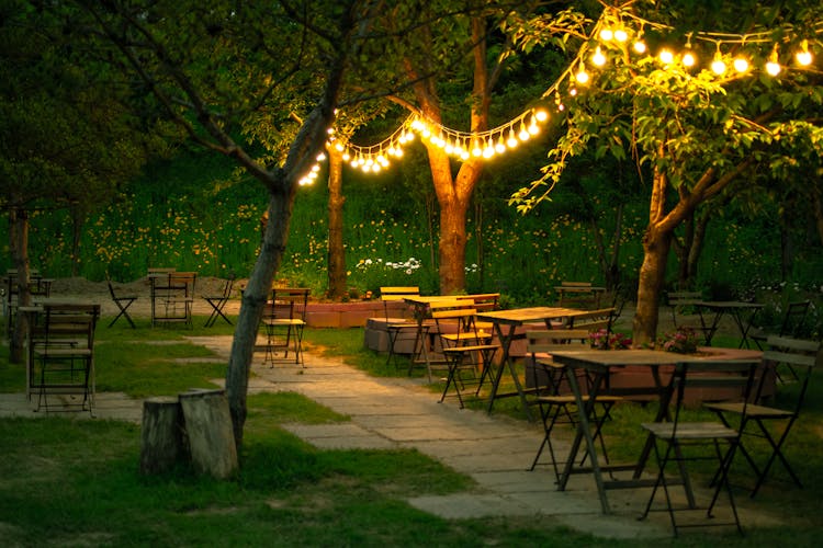 A Restaurant In Garden Illuminated With String Lights