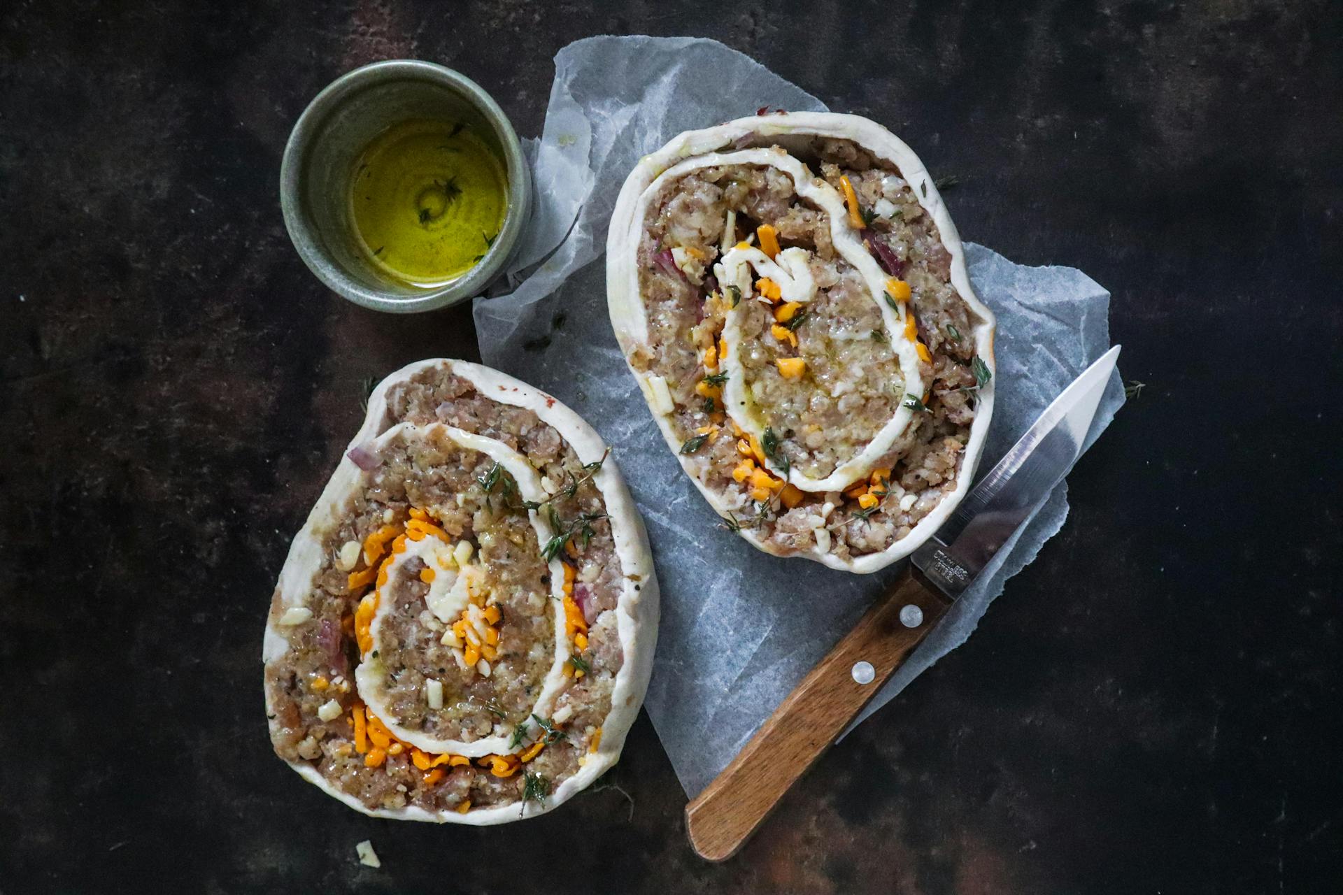 Dough with Ground Meat on Baking Paper