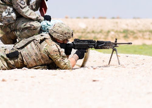 A Soldier in Camouflage Uniform Firing a Machine Gun