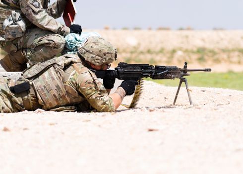 US soldier in camouflage uniform using a machine gun in outdoor military training.